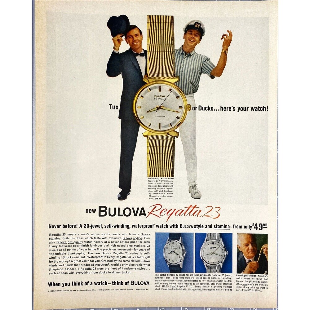 Bulova Regatta 23 "A 23-jewel self-winding waterproof watch" VTG Print Ad 1963